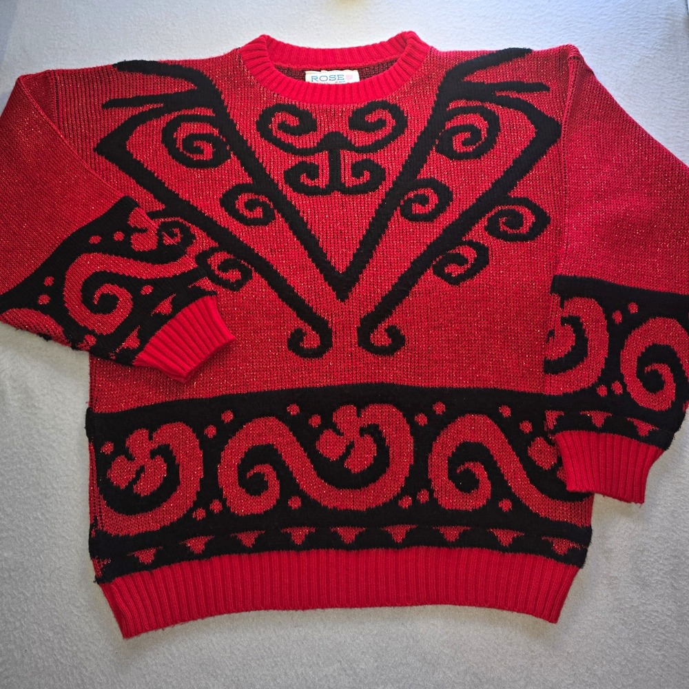 ROSE Vtg Women's Red/Black Geometric Metallic Knit Pullover Sweater L Crew